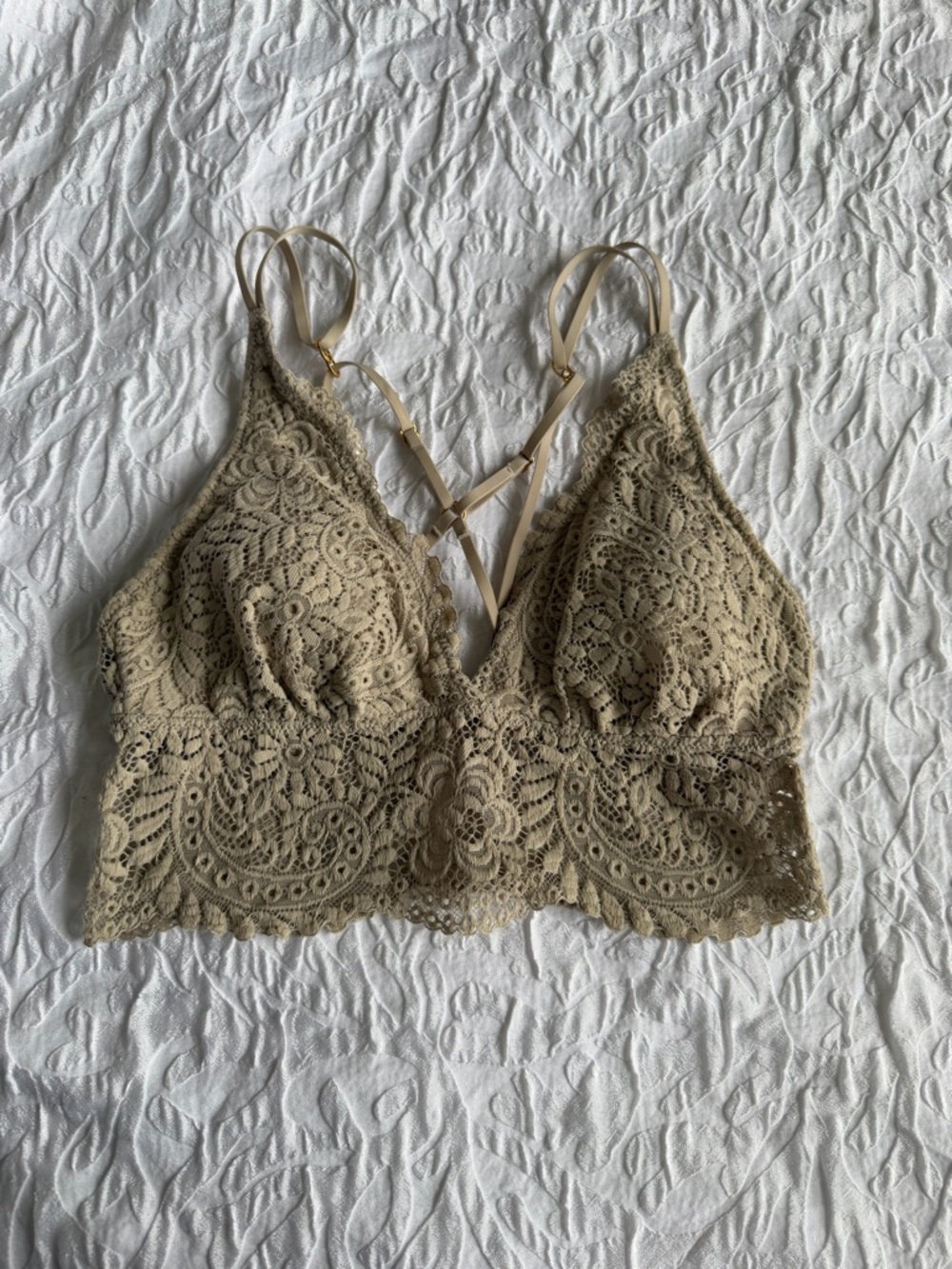 aerie Olive Beige Lace Bralette with Scalloped Hem